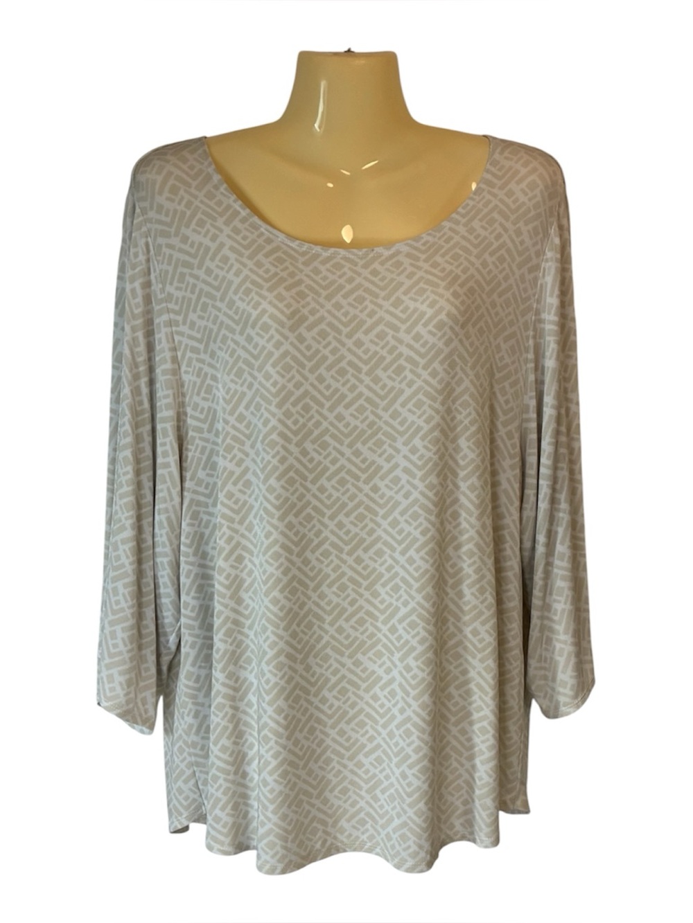 Chico’s Travel Collection Geometric Patterned Scoop Neck Blouse Beige Sz 2